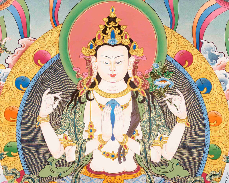 Original Hand Painted Avalokitesvara Chengrezig With Mantra Thangka | Wall Decor