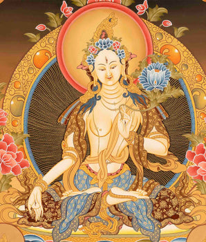 White Tara Thangka Painting | Original Hand-Painted Female Bodhisattva Art