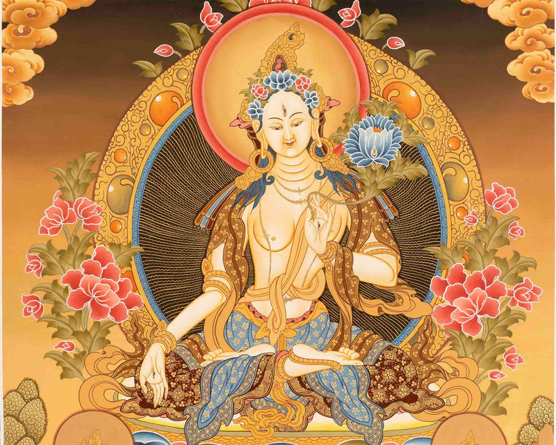 White Tara Thangka Painting | Original Hand-Painted Female Bodhisattva Art