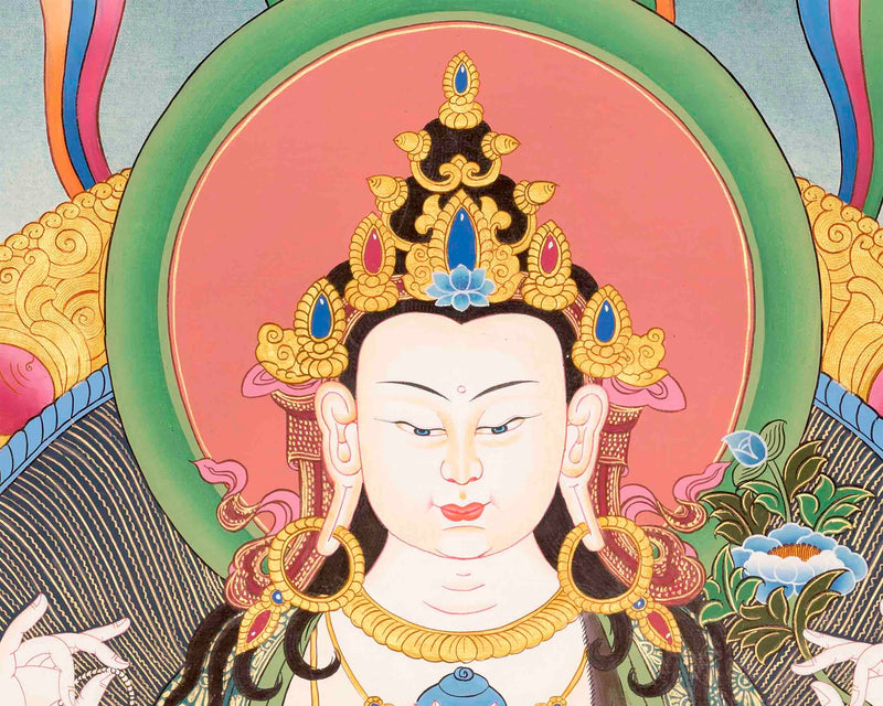 Original Hand Painted Avalokitesvara Chengrezig With Mantra Thangka | Wall Decor