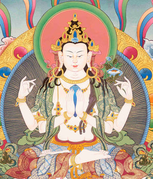 Original Hand Painted Avalokitesvara Chengrezig With Mantra Thangka | Wall Decor