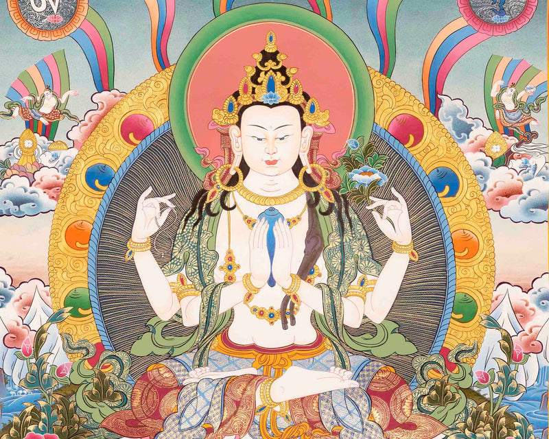 Original Hand Painted Avalokitesvara Chengrezig With Mantra Thangka | Wall Decor