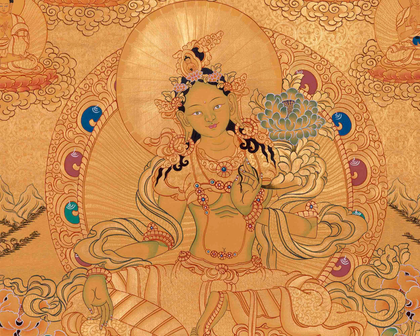 Full Gold Style Green Tara Thangka |Original Hand Painted Tibetan Buddhist Wall Hanging Healing Art |