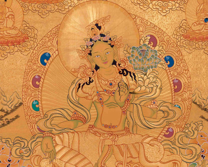 Full Gold Style Green Tara Thangka |Original Hand Painted Tibetan Buddhist Wall Hanging Healing Art |