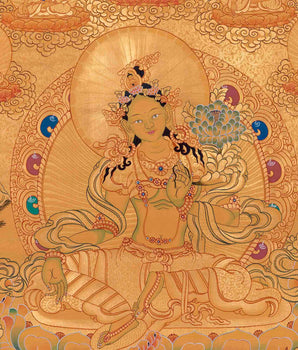 Full Gold Style Green Tara Thangka |Original Hand Painted Tibetan Buddhist Wall Hanging Healing Art |