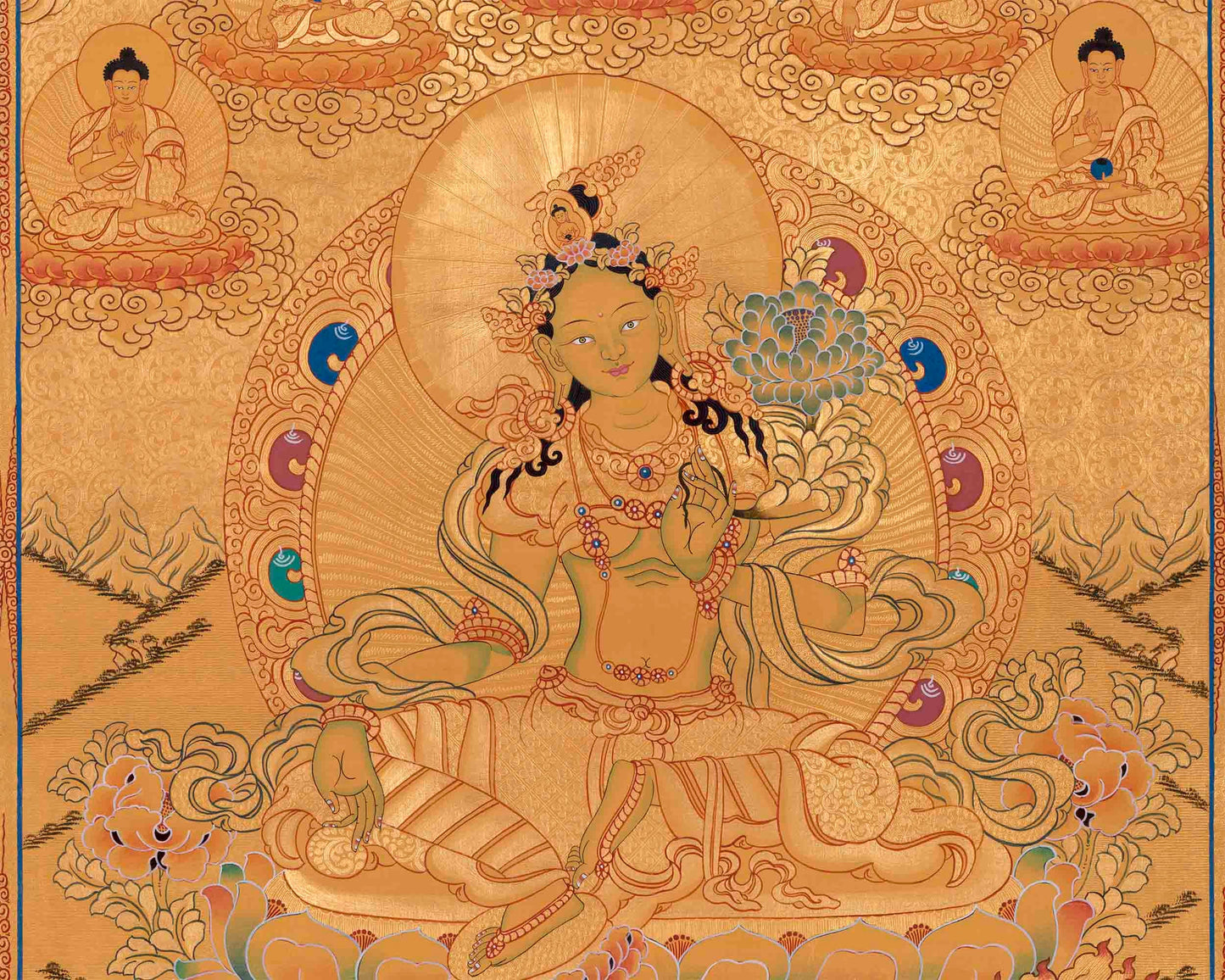 Full Gold Style Green Tara Thangka |Original Hand Painted Tibetan Buddhist Wall Hanging Healing Art |