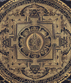 Hand Painted Gold & Black Style Lokeshvara Mandala Thangka | Mediation And Yoga Art