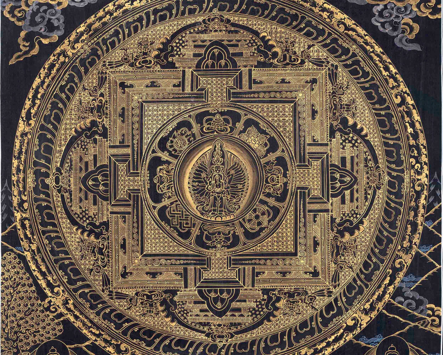 Hand Painted Gold & Black Style Lokeshvara Mandala Thangka | Mediation And Yoga Art