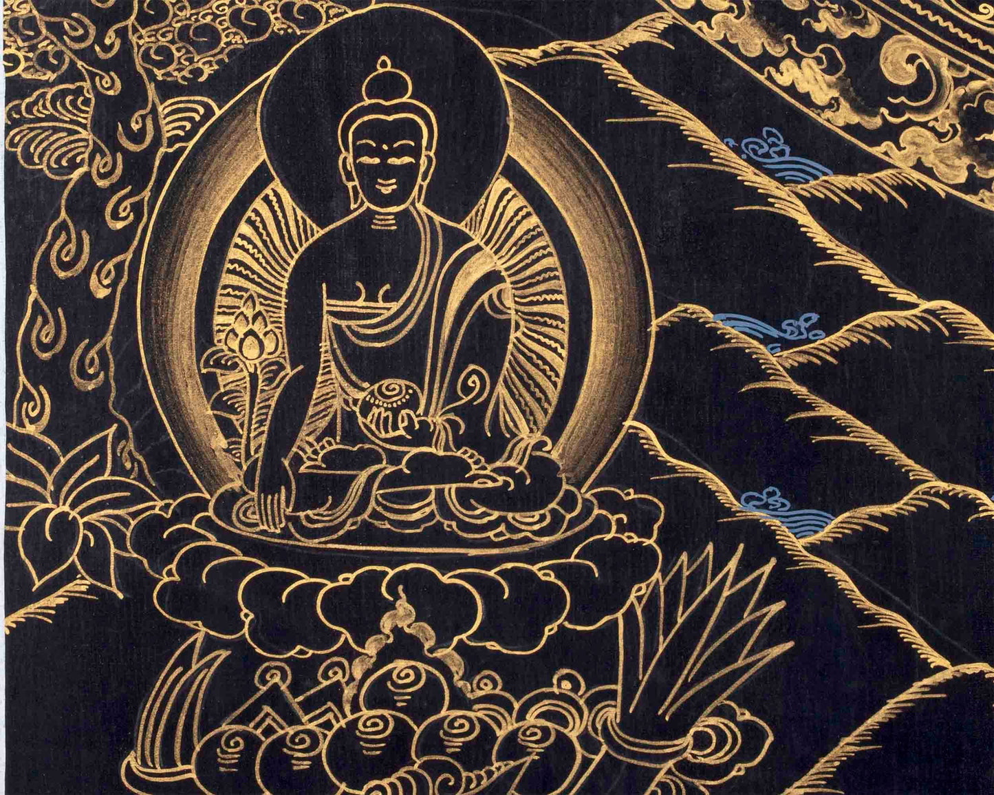 Hand Painted Gold & Black Style Lokeshvara Mandala Thangka | Mediation And Yoga Art