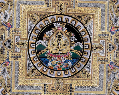 Original Hand Painted Black And Gold Style Chengrezig Mandala Thangka | Tibetan Buddhist Meditation And Yoga Art |