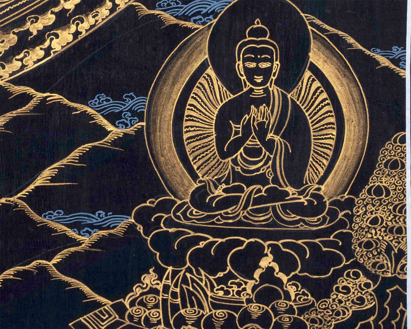 Hand Painted Gold & Black Style Lokeshvara Mandala Thangka | Mediation And Yoga Art