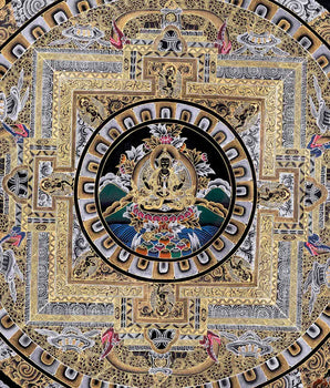 Original Hand Painted Black And Gold Style Chengrezig Mandala Thangka | Tibetan Buddhist Meditation And Yoga Art |