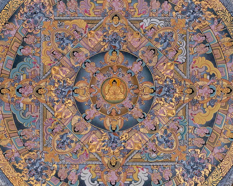 Traditional Painted Grey Colored Buddha Mandala | Mandala Thangka | Tibetan Wall Art