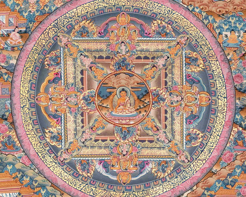 The Sacred Buddha Mandala Embraced by Deities | Handmade Sacred Thangka Painting for Meditation &  Good Luck to house |