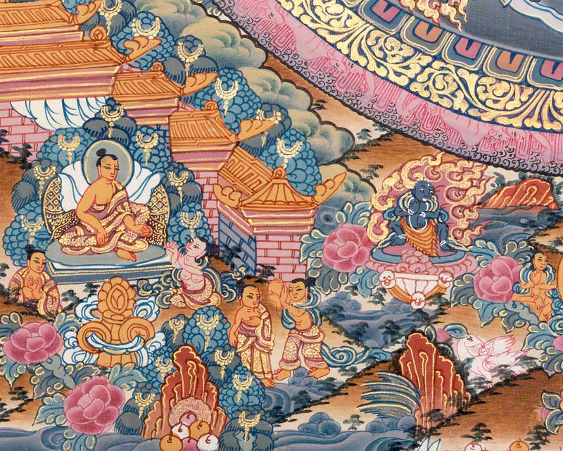 The Sacred Buddha Mandala Embraced by Deities | Handmade Sacred Thangka Painting for Meditation &  Good Luck to house |