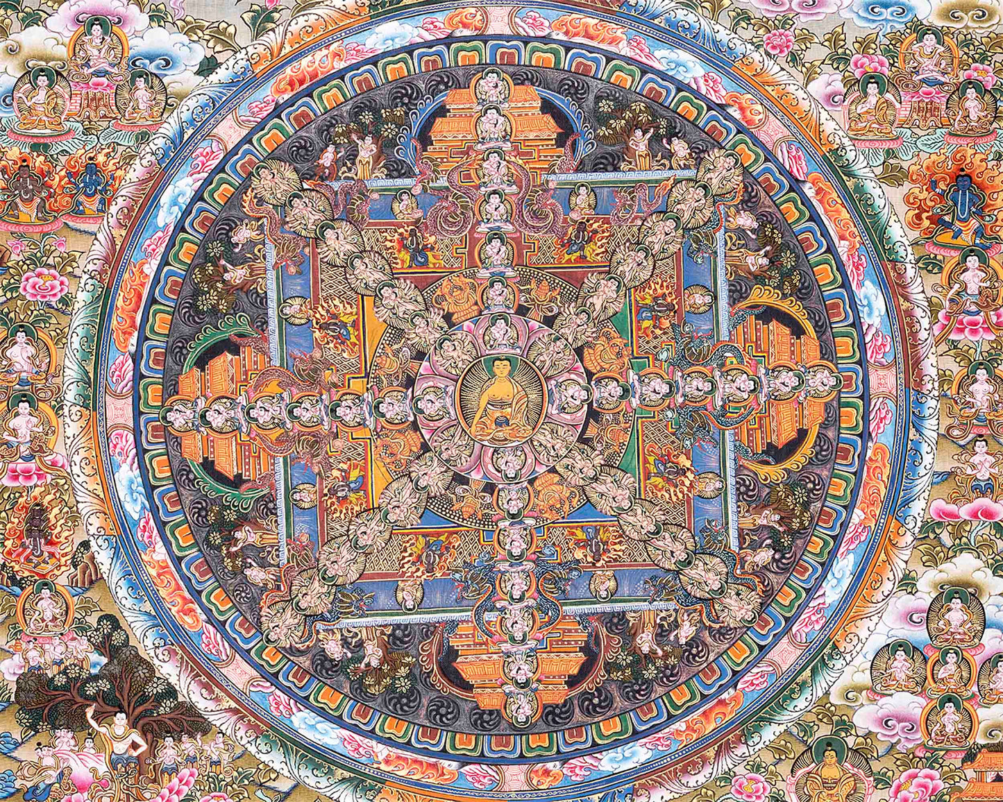 Vintage Authentic Hand-painted Buddha Mandala |  Tibetan Thangka Art