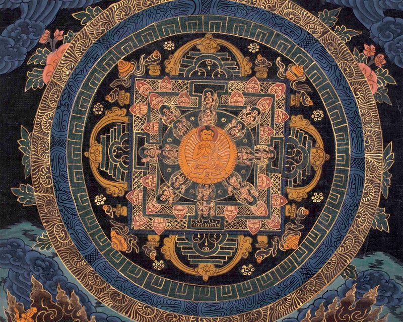 Vintage Buddha Mandala Thangka | Hevajra Mandala | Tibetan Spiritual Art for Altar Decor