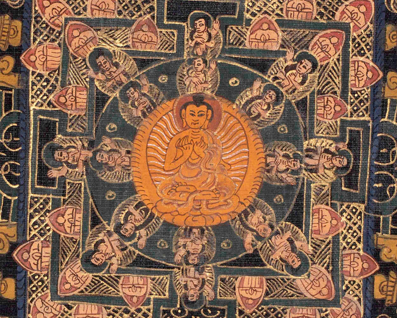 Vintage Buddha Mandala Thangka | Hevajra Mandala | Tibetan Spiritual Art for Altar Decor