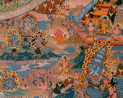 Traditional Lokeshvara Mandala Embraced by Radiant Deities | Chenrezig Thangka