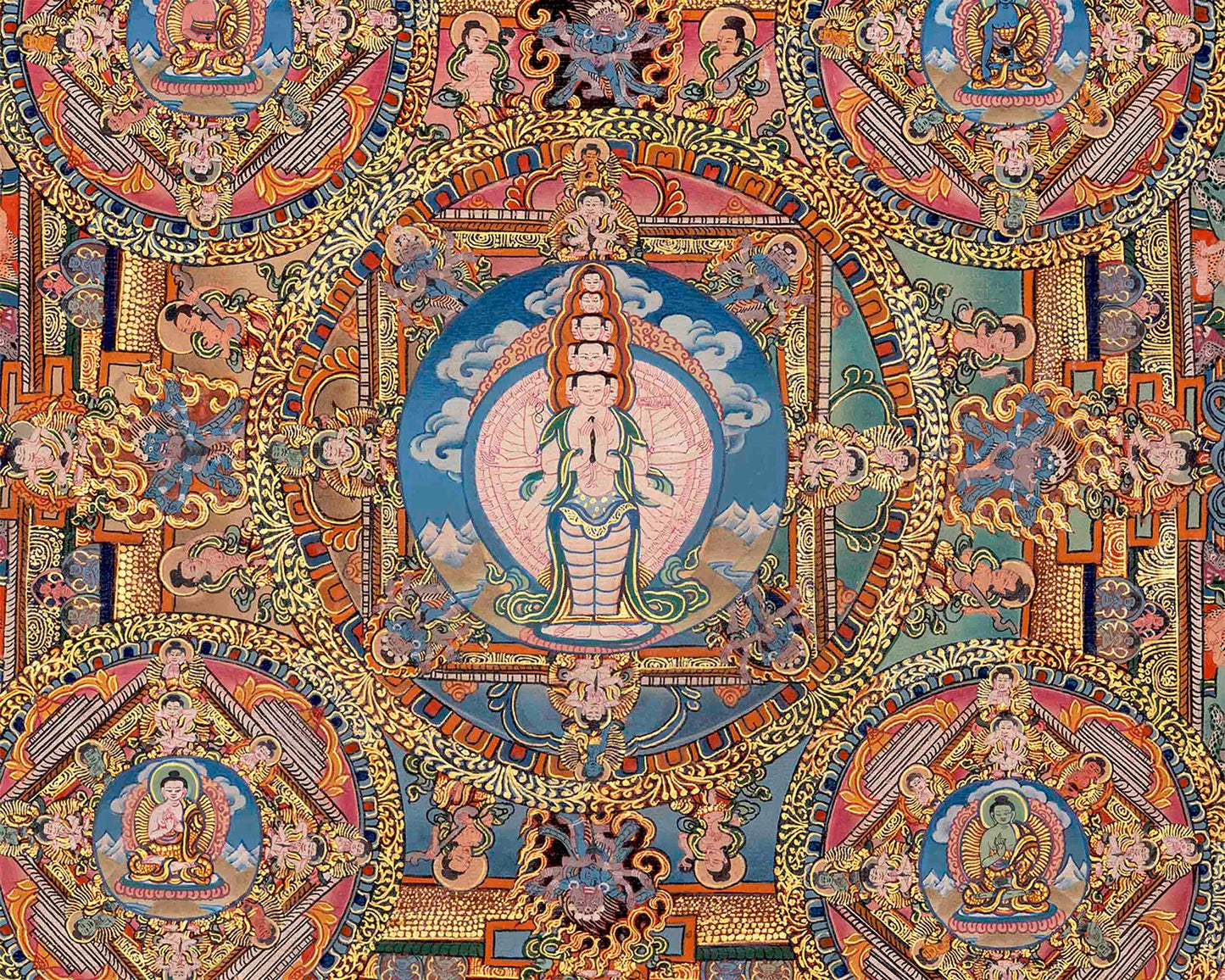 Traditional Lokeshvara Mandala Embraced by Radiant Deities | Chenrezig Thangka