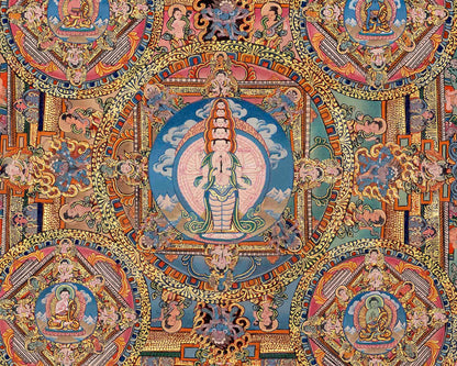 Traditional Lokeshvara Mandala Embraced by Radiant Deities | Chenrezig Thangka