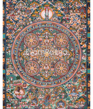 Vintage Buddha Mandala Surrounded by Diverse Deities | Rare Genuine Hand Painted Tibetan thangka |