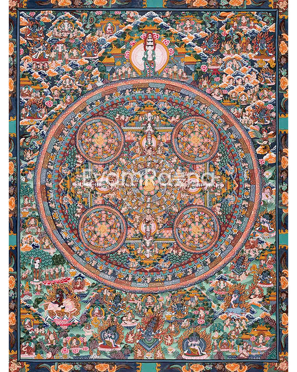 Vintage Buddha Mandala Surrounded by Diverse Deities | Rare Genuine Hand Painted Tibetan thangka |