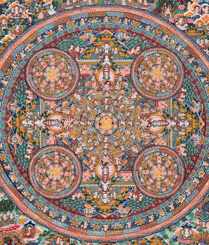 Vintage Buddha Mandala Surrounded by Diverse Deities | Rare Genuine Hand Painted Tibetan thangka |