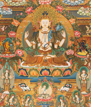 Avalokiteshvara Chengrezig Thangka With Amitabha Buddha | Vajrayana Buddhism Painting