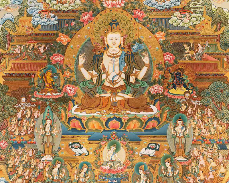 Avalokiteshvara Chengrezig Thangka With Amitabha Buddha | Vajrayana Buddhism Painting