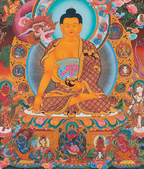 Shakyamuni Buddha Thangka With Dragon Border | Original Tibetan Buddhist Religious Painting