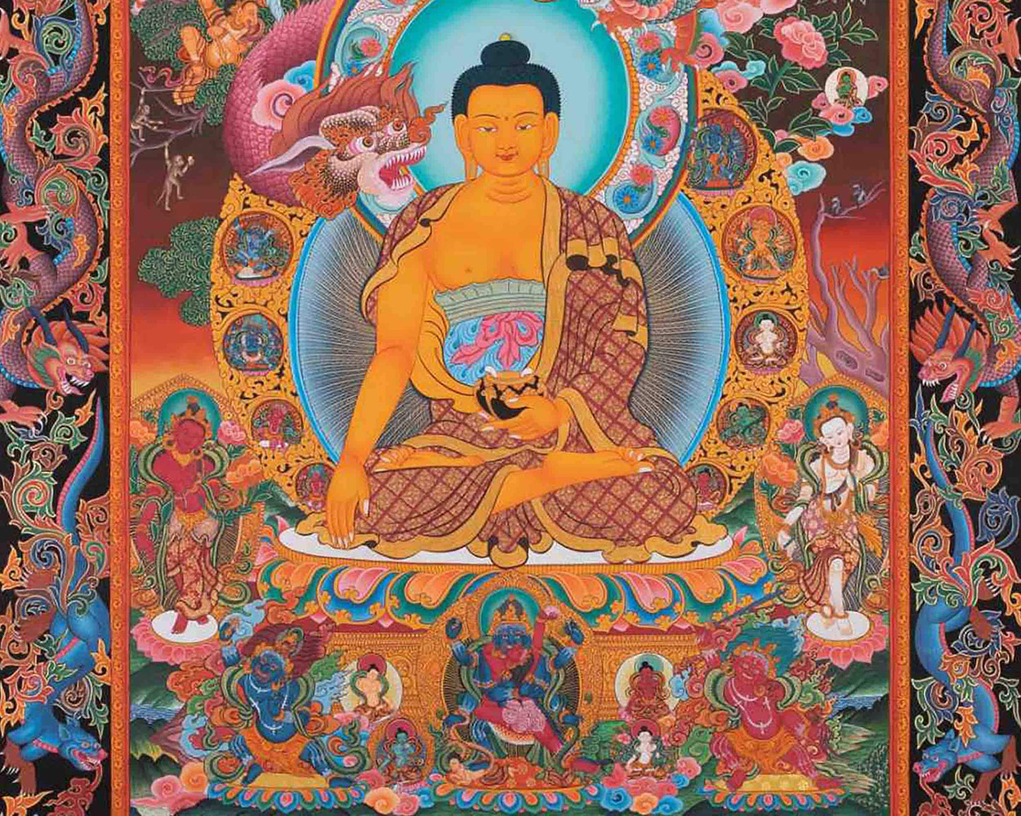 Shakyamuni Buddha Thangka With Dragon Border | Original Tibetan Buddhist Religious Painting