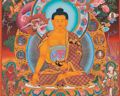 Shakyamuni Buddha Thangka With Dragon Border | Original Tibetan Buddhist Religious Painting