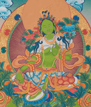 Green Tara Thangka With Brocade | Hand Painted Tara Thangka for Meditation