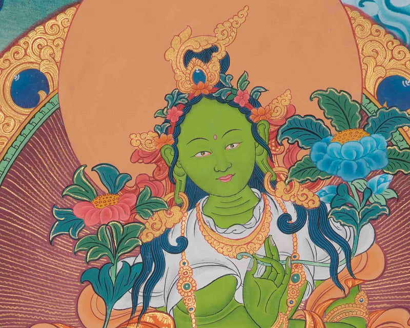 Green Tara Thangka With Brocade | Hand Painted Tara Thangka for Meditation