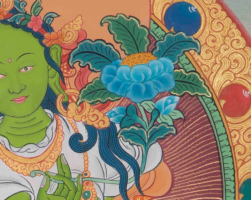 Green Tara Thangka With Brocade | Hand Painted Tara Thangka for Meditation