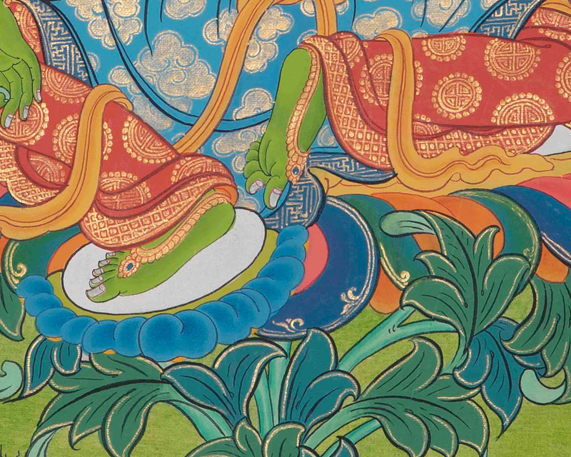 Green Tara Thangka With Brocade | Hand Painted Tara Thangka for Meditation