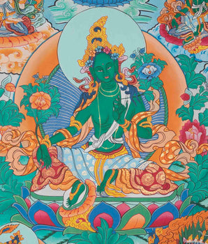 Green Tara Divine Mother Thangka Painting With Brocade | Bodhisattva Wall hanging Decor