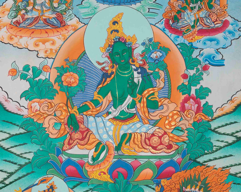 Green Tara Divine Mother Thangka Painting With Brocade | Bodhisattva Wall hanging Decor