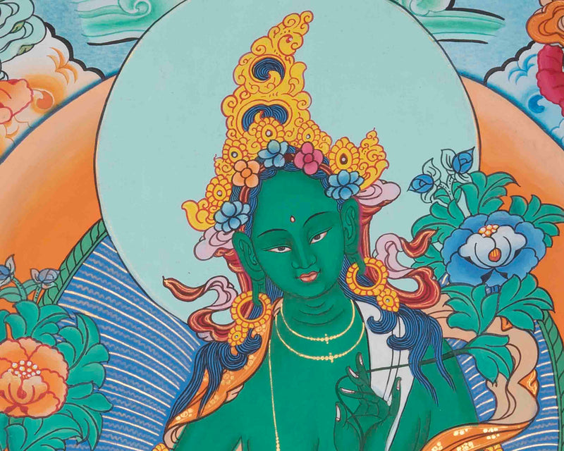 Green Tara Divine Mother Thangka Painting With Brocade | Bodhisattva Wall hanging Decor