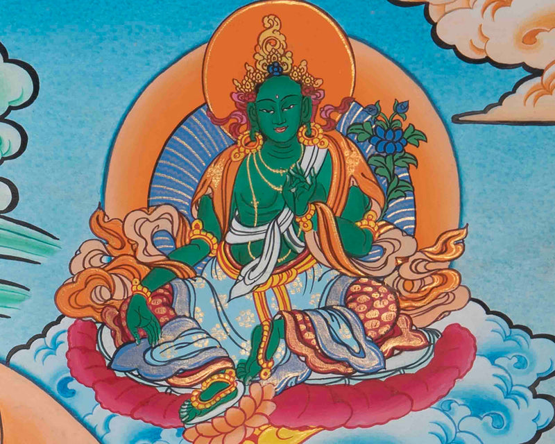 Green Tara Divine Mother Thangka Painting With Brocade | Bodhisattva Wall hanging Decor