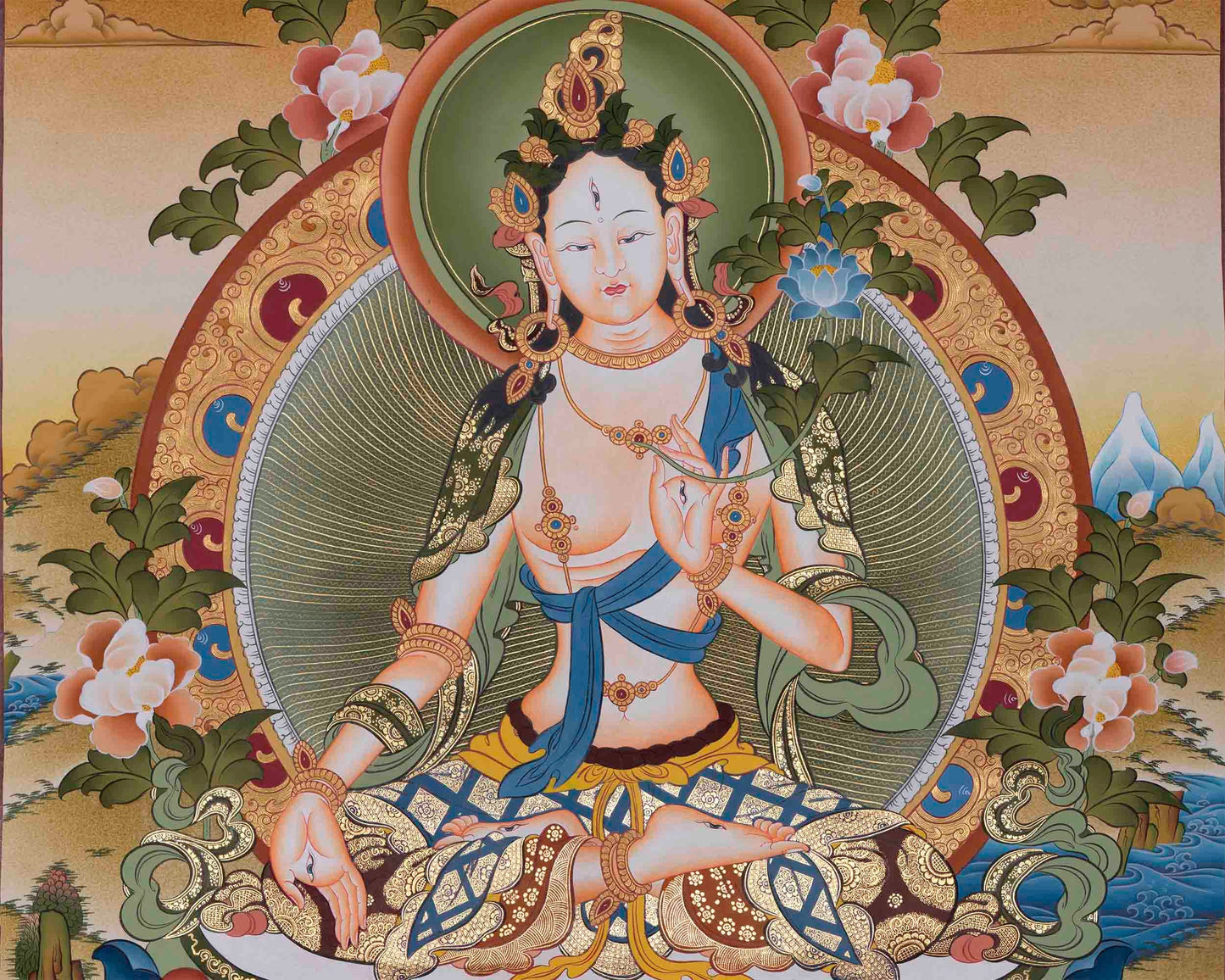 White Tara Thangka | Manjushri ,Green Tara ,Shakyamuni Buddha |