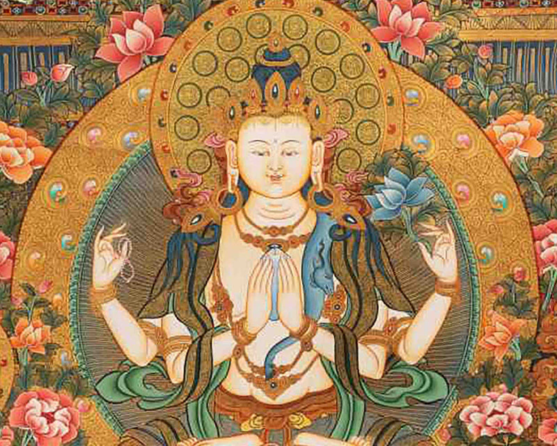 Avalokiteshvara Chengrezig Thangka With Amitabha Buddha | Vajrayana Buddhism Painting