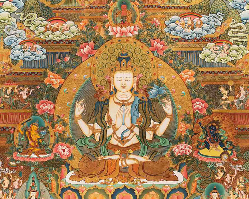 Avalokiteshvara Chengrezig Thangka With Amitabha Buddha | Vajrayana Buddhism Painting