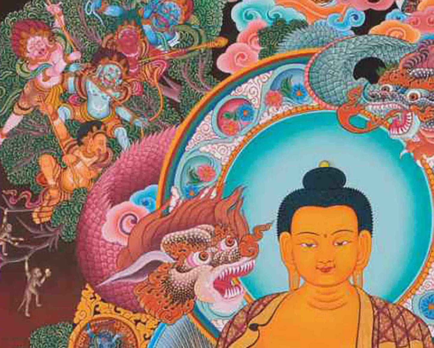 Shakyamuni Buddha Thangka With Dragon Border | Original Tibetan Buddhist Religious Painting