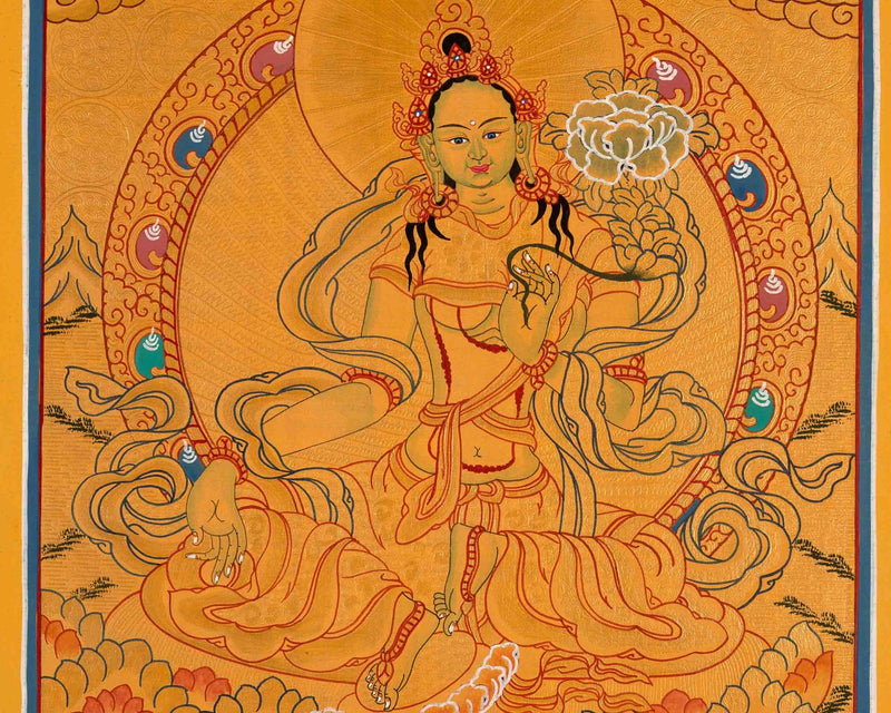 Green Tara Thangka with Brocade | Hand Painted in Gold Style