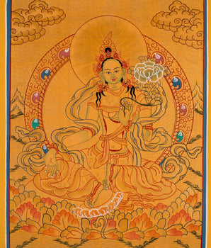 Green Tara Thangka with Brocade | Hand Painted in Gold Style