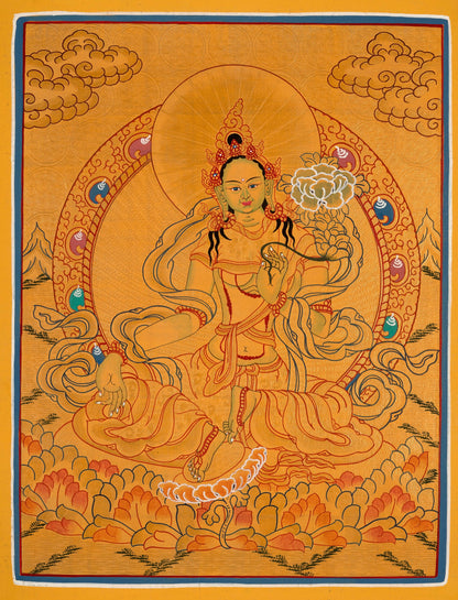 Green Tara Thangka with Brocade | Hand Painted in Gold Style