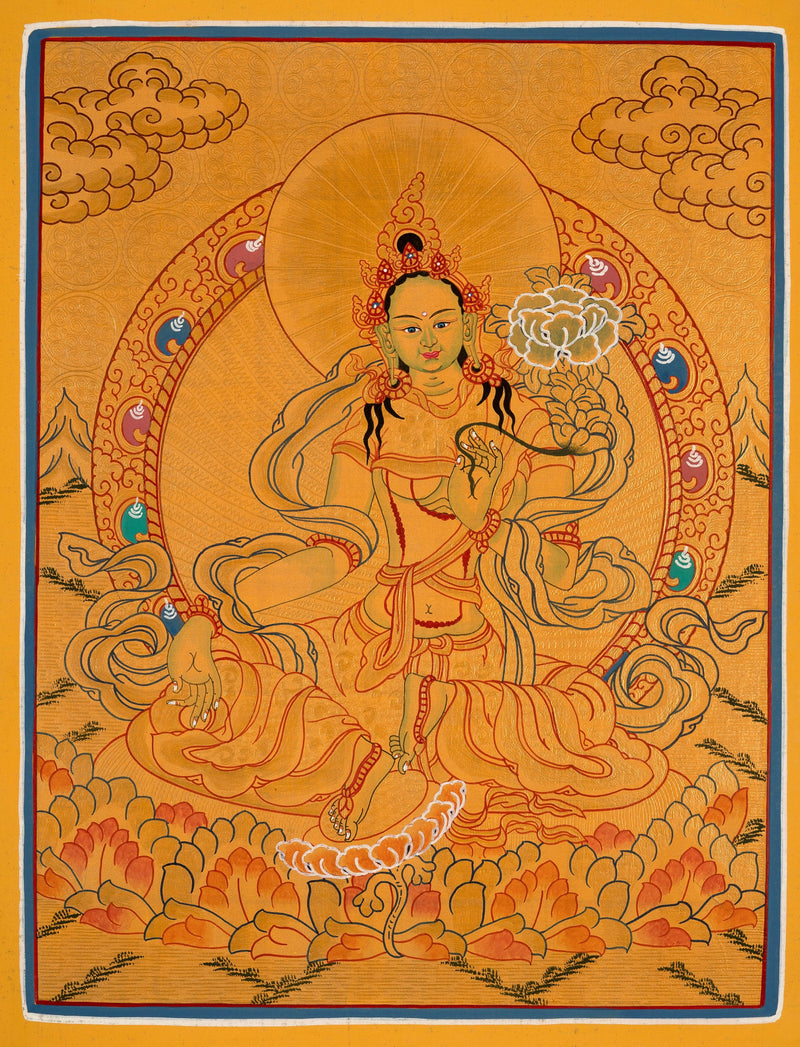 Green Tara Thangka with Brocade | Hand Painted in Gold Style