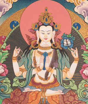 Hand Painted Avalokiteshvara Chengrezig Thangka With Brocade | Deity Of Compassion
